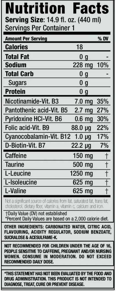 NPL Hustle BCAA Energy Drink 440ml - Nutritional Information