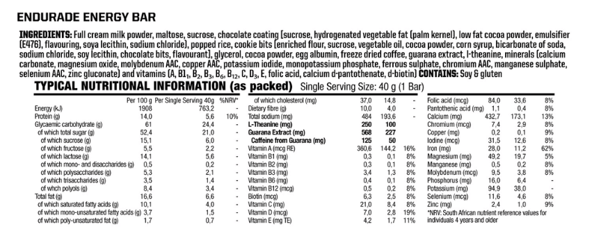 Nutritech Endurade Energy Bar (40g) - Nutritional Information