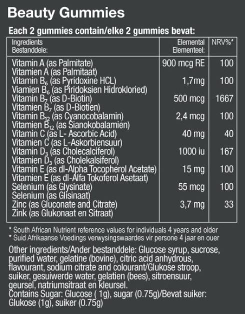 Vitatech Beauty Gummies (60 Gummies) - Nutritional Information