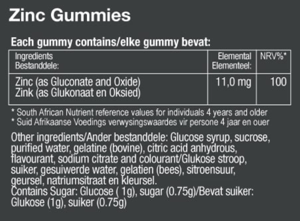 Vitatech Zinc Gummies (60 Gummies) - Nutritional Information