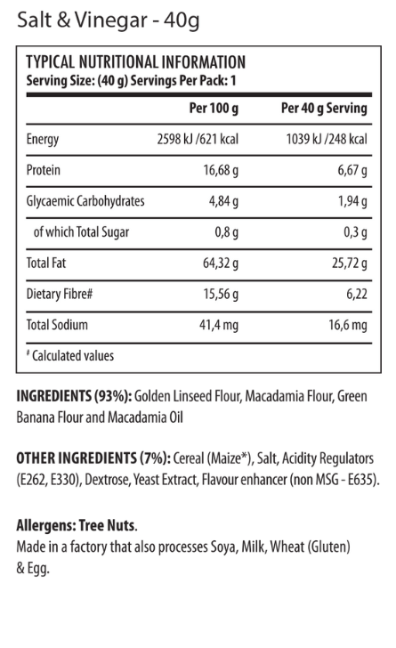 Youthful Living Keto Chips (40g) - Nutritional Information