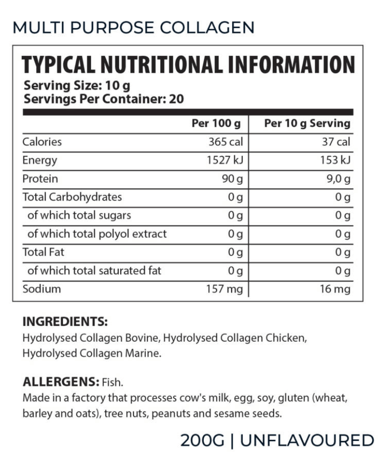 Youthful Living Multi Purpose Collagen 200g - Nutritional Information