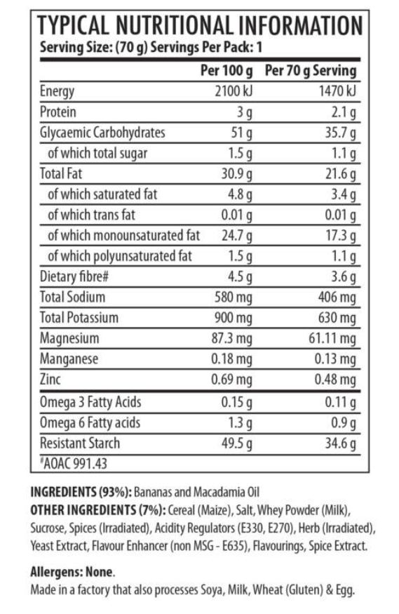 Youthful Living Banana Chips 70g - Nutritional Information