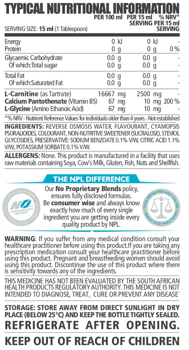 NPL-L-Carnitine-Liquid-2500-480ml-Nutritional-Information