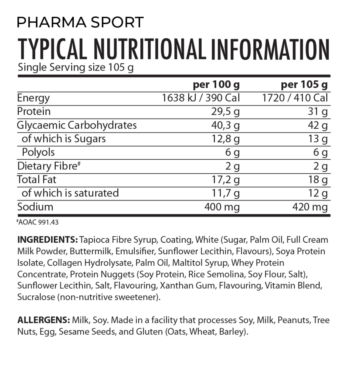 Youthful-Living-Pharma-Sport-Mass-Attack-Bar-105g-Nutritional-Information