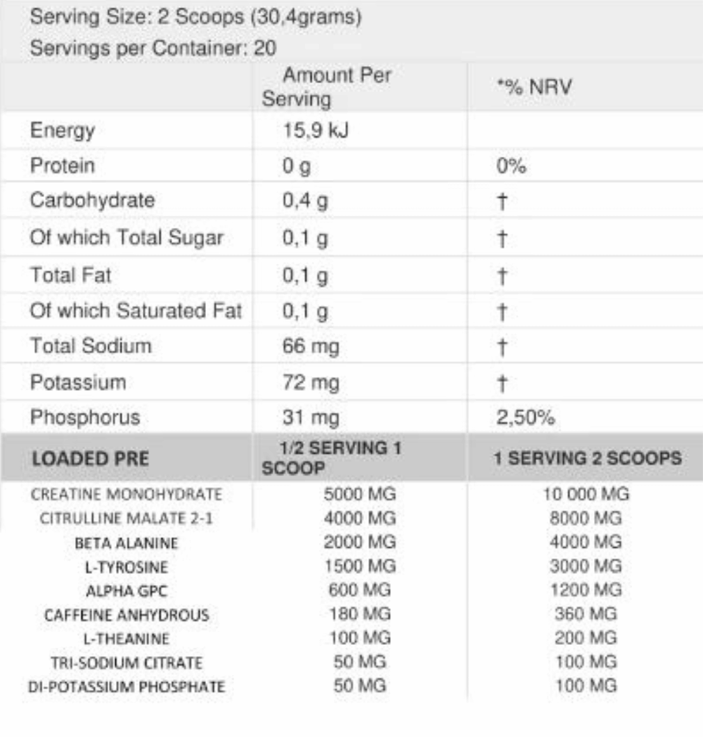 Evolve-Nutrition-LOADED-Pre-Workout-608g-Nutritional-Information