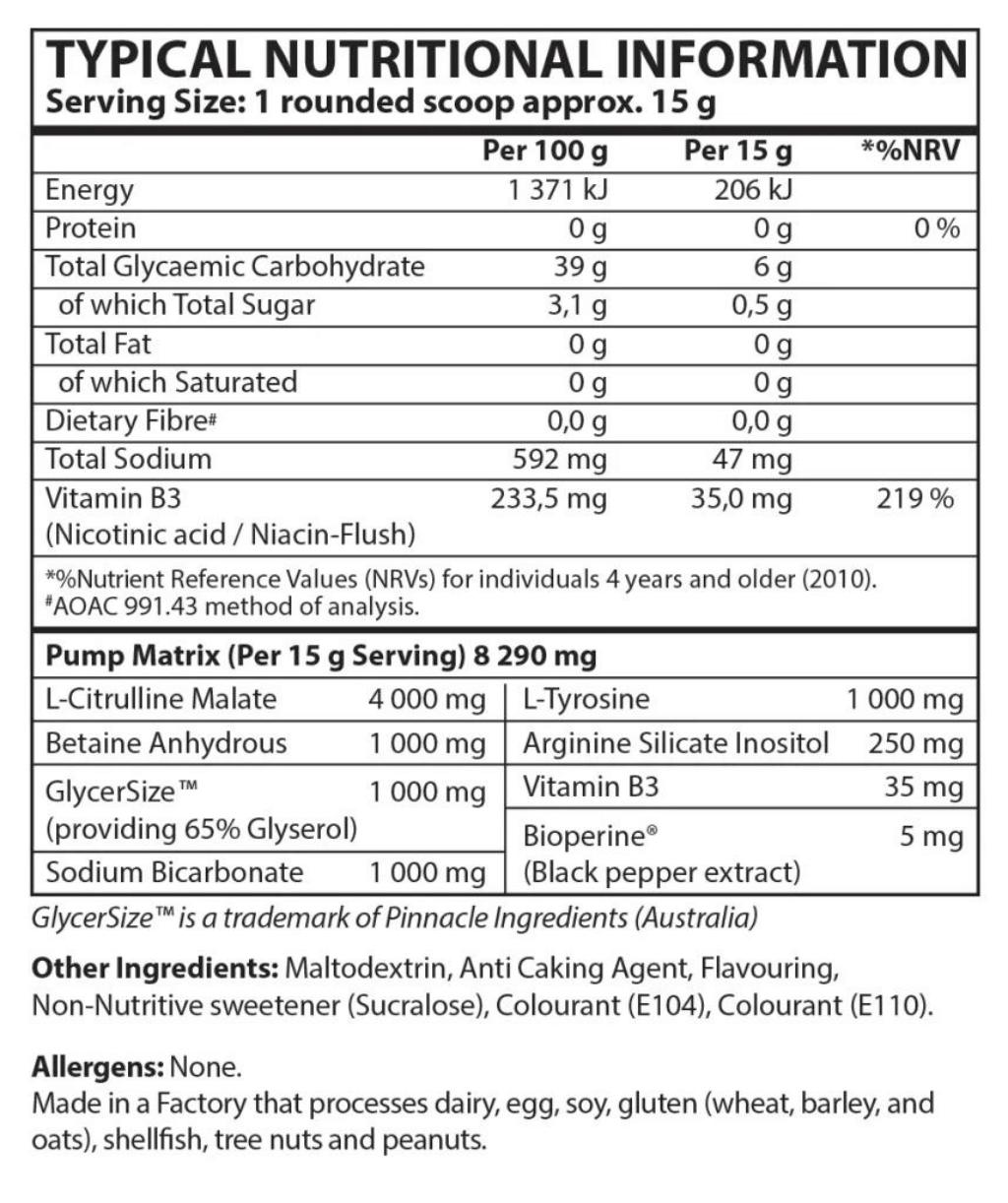 Nutricon-Blown-Non-Stim-Pump-Pre-Workout-300g-Nutritional-Information