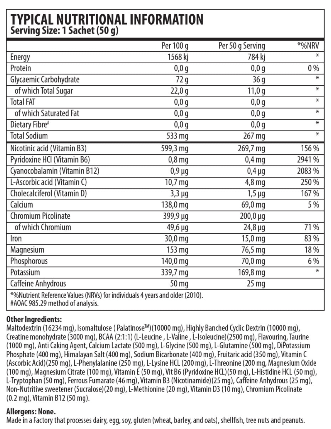 Nutricon-Endurance-20-Servings-Nutritional-Information