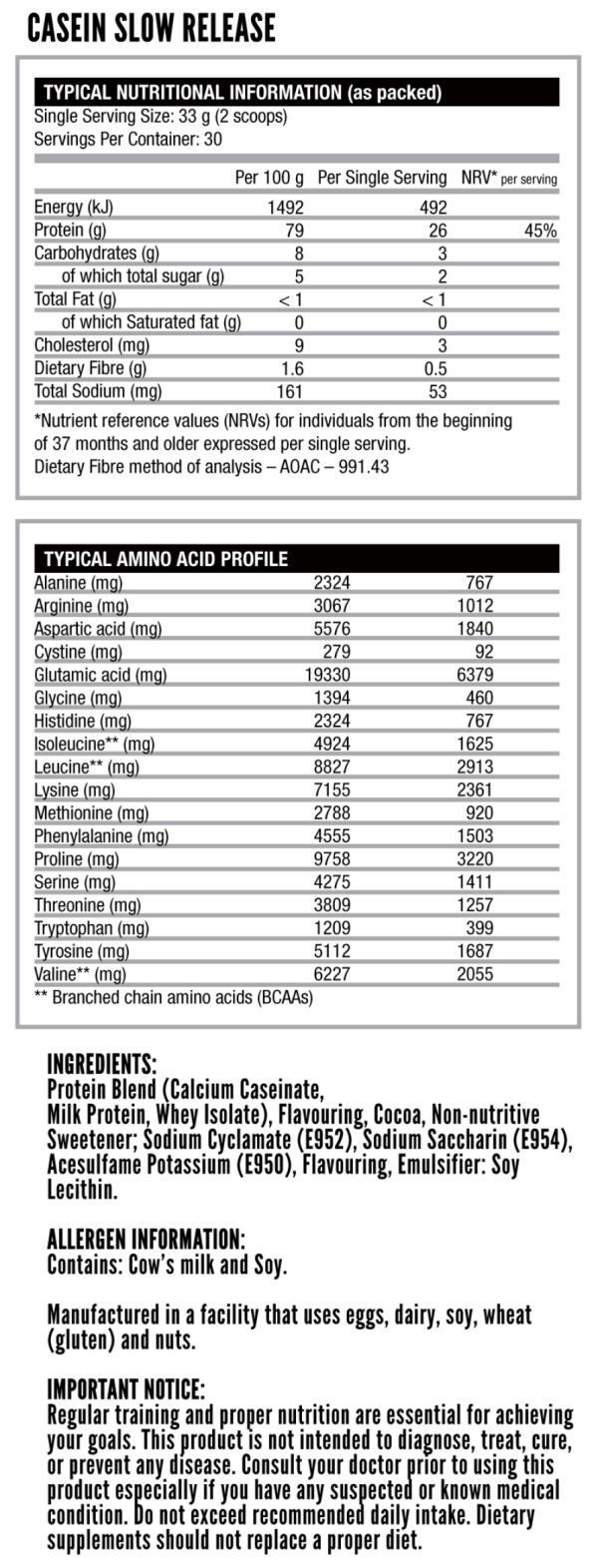Nutritech-Casein-Slow-Release-Protein-1kg-Nutritional-Information