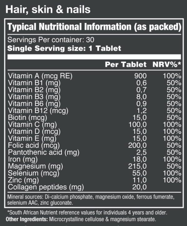 Vitatech-Hair-Skin-and-Nails-30-Tablets-Nutritional-Information